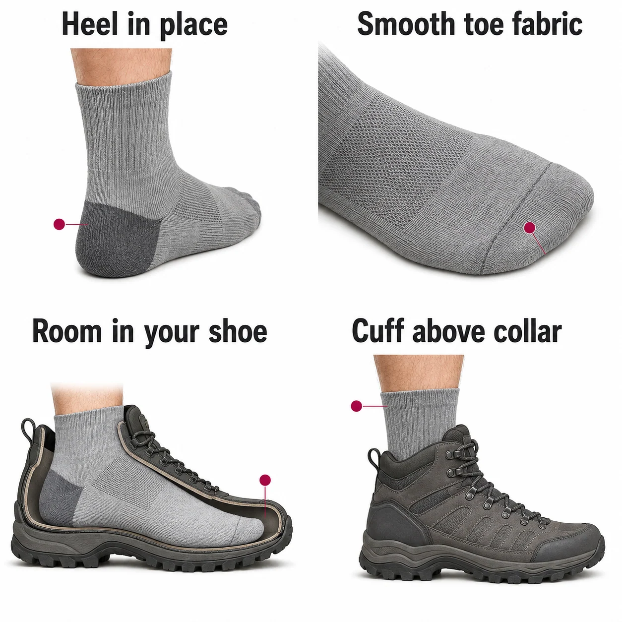 Four sock-fit checks: the heel pocket sits over the heel, toe fabric is smooth, the shoe leaves room around the foot, and the sock cuff extends above the boot collar.